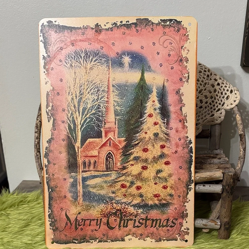 NEW Vintage Inspired Merry Christmas Tree Church Pink Metal Tin Sign 8 x 12